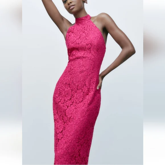 Zara *  Pink Lace Halter Midi Dress Size S and L - Picture 6 of 16